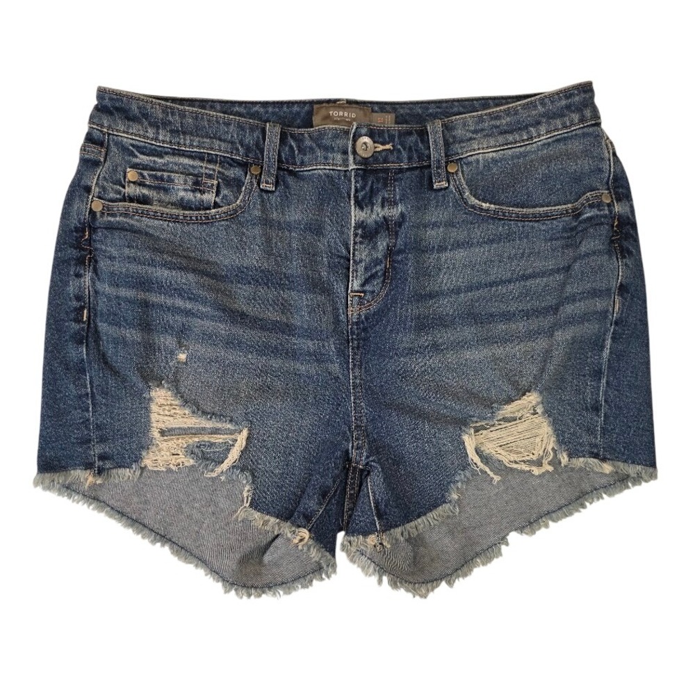Torrid Women's 12 Denim Shorts Blue Distressed High‎ Rise Raw Hem 3" 17223325